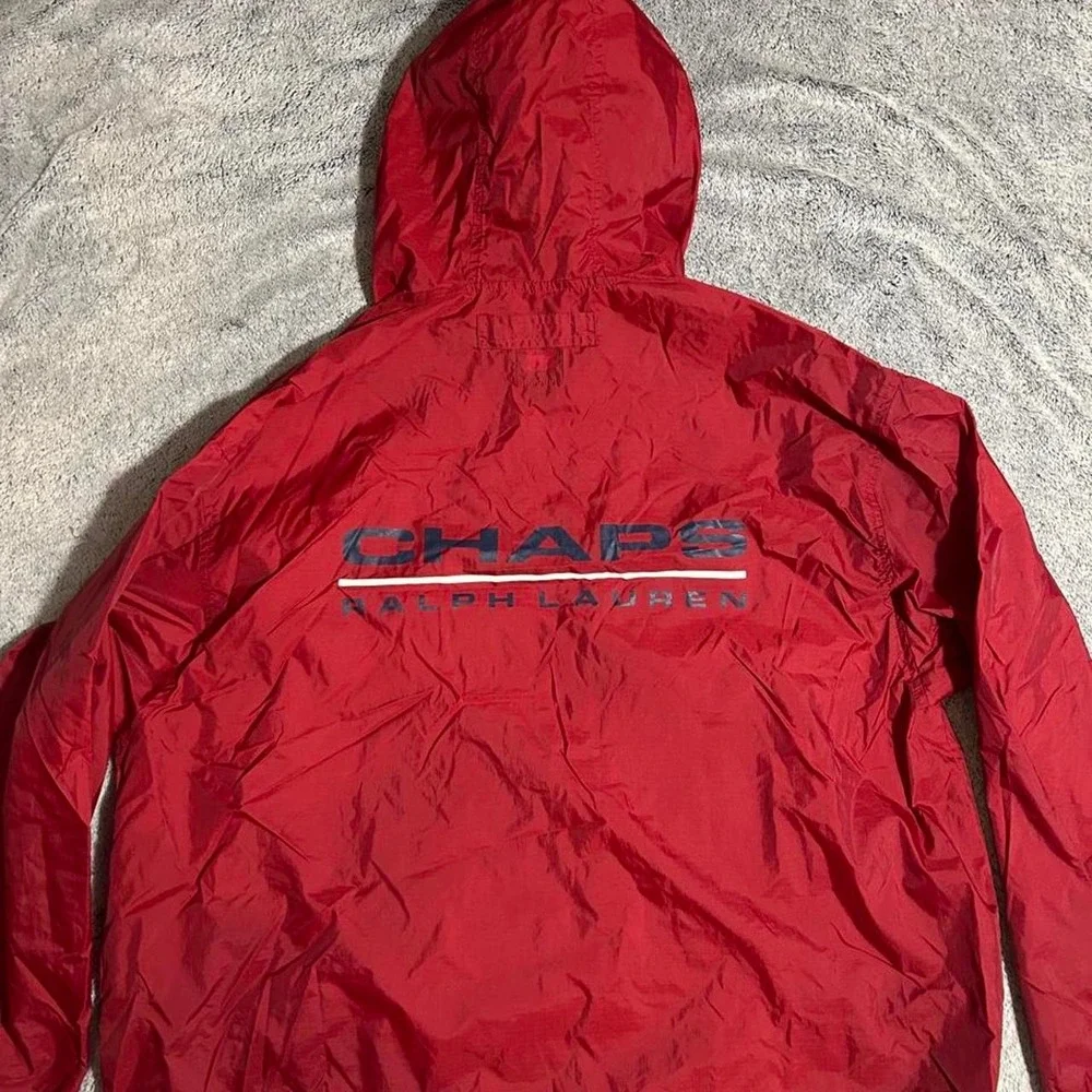 Vintage Chaps Ralph Lauren Red Pullover Windbreaker Jacket Hooded Size Large Spe